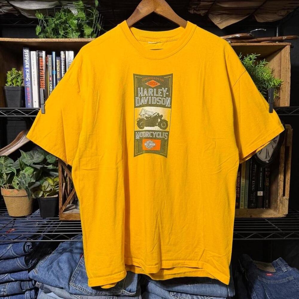 Vintage Y2K Harley Davidson Box Logo Biker Yellow Tee Motorcycle Flames Shirt XL